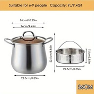 26cm/9.4qt Stainless Steel Stockpot With Steamer Set Big Belly Shape Cooking Pot, Large Capacity Kit