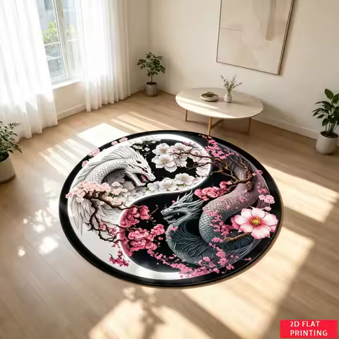 Yin Yang Dragon Cherry Blossom Round Rug For Zen Living Room Or Yoga Studio Featuring Black White Pi