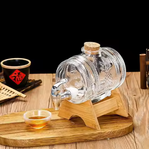 1L Glass Whiskey Barrel Wine Barrel Beer Bottle Fruit Aging Alcohol Honey Storage Container With Bas