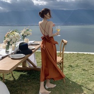 D112 - Korean imported Beach dress, backless dress, Beach Dress, satin Backless Women's Long Beach d