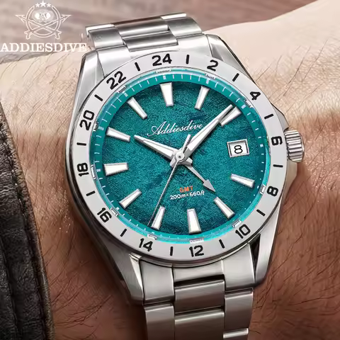 ADDIESDIVE 38mm Men Luxury GMT Quartz Watch Swiss Ronda 515-24H Dual Time Sapphire 200M Waterproof S