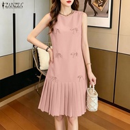 ZANZEA Korean Style Women Elegant Sleeveless Knee Length Dresses 3D Bowknot O-Neck Plain Dress #0720