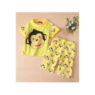 Big Monkey Face Print Kids Tee+Pants-Yellow