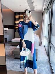 Miyake Autumn Fashion Geometric Print Loose Slim Mid-length Pleated Dress