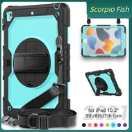 For iPad 10.2 inch 9th 8th 7th Gen Pro 10.5 Air 3 Shockproof Hard PC Soft Silicone Rotating Stand Full Protective Built in Screen Protector Film &amp; Shoulder Strap Tablet Case