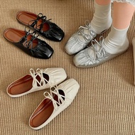 S175-Freeters Bowknot Wrinkled Leather Flat Slippers Sole Height 1.5cm