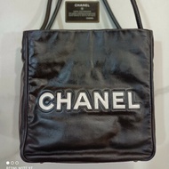 Chanel vintage 黑色小羊皮大logo 雙面肩背包