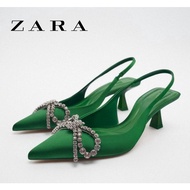 Zara Green Glossy Bow-Heeled High-Heeled Mules Women's Spring New Style Baotou Sandals Women's Shoes