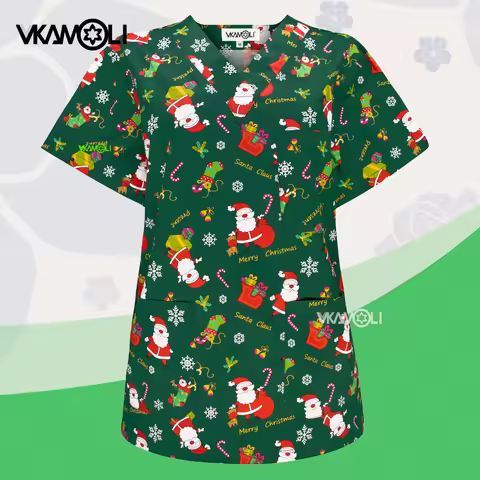 Christmas print Women's Top scrub medical uniform men hospital nurse uniform scrubs tops Scrubs shir