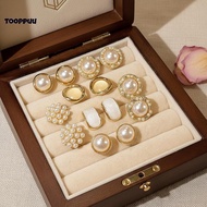 TPU] Retro Geometry Pearl Stud Earrings 2Pcs Gold Imitation Pearl Bridal Jewelry Gift