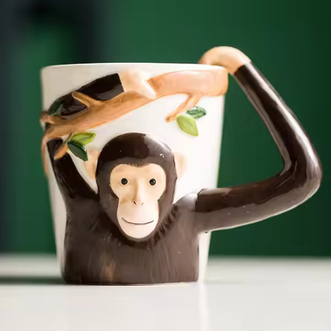 Funny Gibbon Underglaze Colored Mug,3D Monkey Visual Design Creative Ceramic Coffee Milk Cup,Handle 