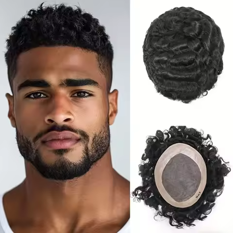 6x8/6x9/7x9/7x10 Afro Curly Breathable Fine Mono With Npu Toupee Men #1B Men's Wig Human Hair Men's 