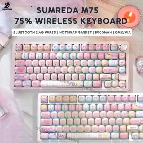SUMREDA M75 Pink Cute Wireless Mechanical Keyboard Gaming 75% Bluetooth 2.4G Wired RGB Hotswap Gamer