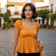 Lovito Blaus Wanita Boho Polos Ruffle Hem Musim Panas/Musim Bunga L132ED655