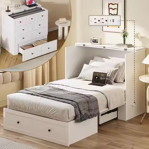 Space-Saving Twin Murphy Bed with Charging Station, White