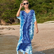 419Wave Pattern Navy Blue Wide Maxi Dress For Women 2024 Summer Tropical Beach Style Swimsuits CoverUp Baju Kelawar Light Weight Flowy Caftan Arabic Style Gown Tunics