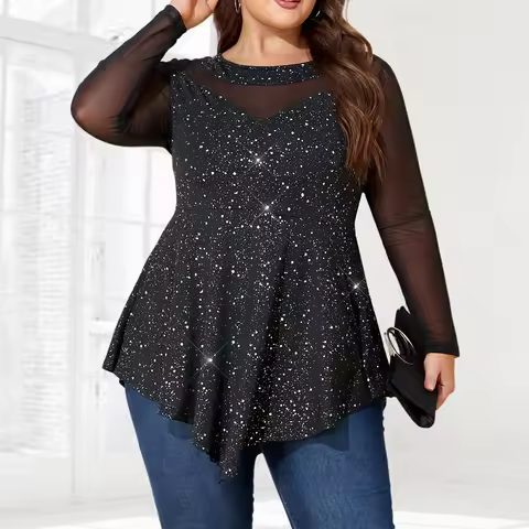 Plus Size Women's Glamour Sheer Mesh Spliced Long Sleeve Tunic Tops Spring Autumn Ladies Party Cockt