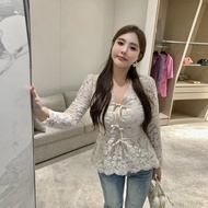 MB พลัสไซส์ ผู้หญิง แขนยาว คอวี ลูกไม้ เสื้อเบส พรางหุ่น เสื้อยืด สไตล์ฝรั่งเศส Commute High เอว ผ้า