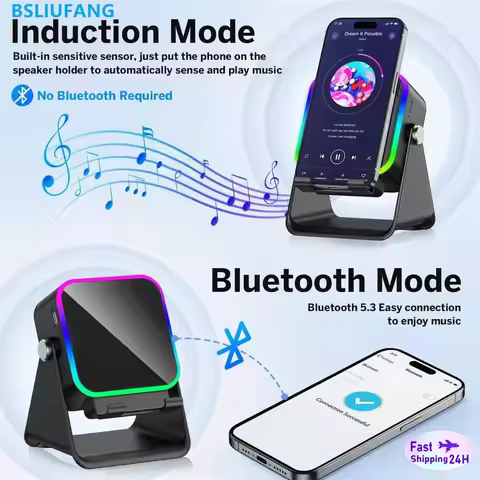 2 in 1 Adjustable Phone Stand Bluetooth Speaker RGB Light Desktop Holder for Office Movie Watching i