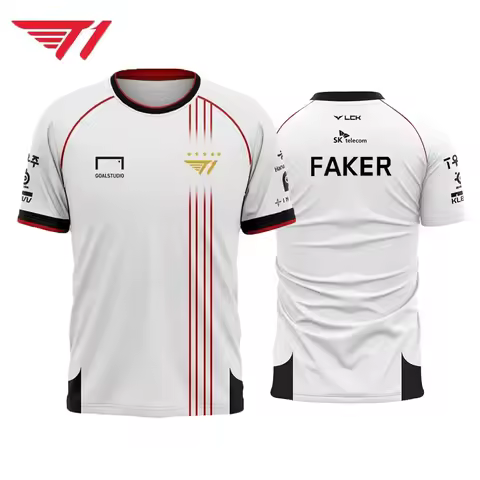 T1 Faker 2025 Away Jersey – White & Red LCK Championship Gaming Tee with SK Telecom, Perfect for LOL