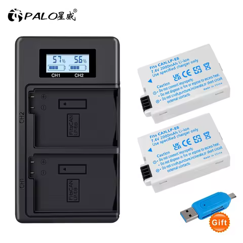 PALO 2000mAh LP-E8 LPE8 LP E8 Battery + LCD Dual Charger for Canon EOS 550D 600D 650D 700D X4 X5 X6i