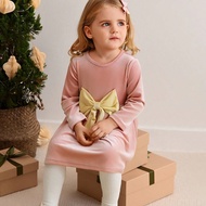 Infant & Baby Girl Velvet Dress With Elegant Gold Bow, Long Sleeve Round Neck Comfortable Casual Dre