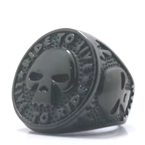 Size 7 to Size 15 Unisex 316L Stainless Steel Cool Ride to Live, Live to Ride Black Flaming Skull Ri