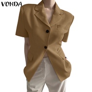 VONDA Women Korean Fashion Lapel Short Sleeve Solid Color Casual Blazer