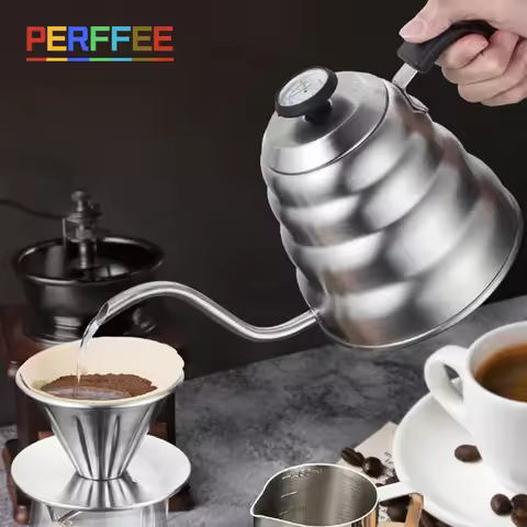 Coffee Drip Kettle Pot with Thermometer Stainless Steel Thin Mouth Gooseneck Coffee Pot Pour Over Dr