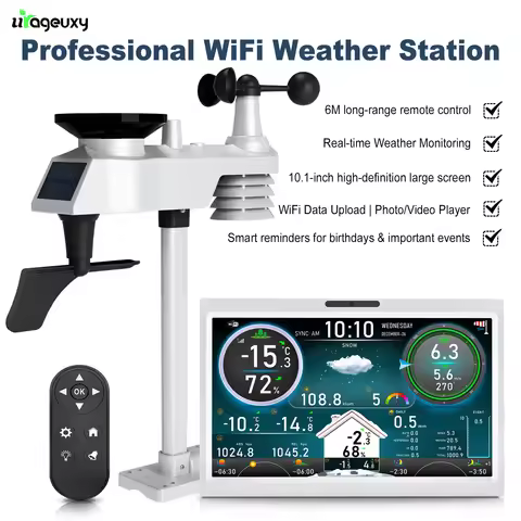 10.1 Inch HD TFT Display WiFi Weather Station with Solar 328ft Remote Sensor Indoor/Outdoor Temp Hum