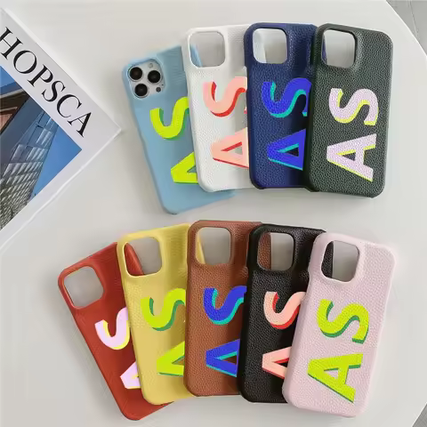 Personalised Initial letters Pebble Grain Leather Case for iphone 15 14 13 Pro Max 12 11 Pro Max XS 