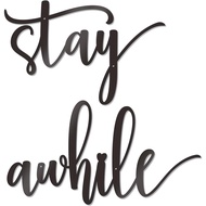 Papan Tanda "Stay Awhile" Hiasan Dinding Logam Besar Hitam untuk Dekorasi Rumah, Hiasan Dinding Krea