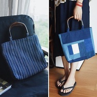 貴州手工手織布 indigo植物環保藍染拼布 木把手拎包手提包