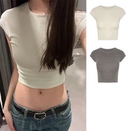 2025 New Model Plain Short-Sleeved T-Shirt Sexy Design Sweet Style Round Neck Tight Figure Short Wea