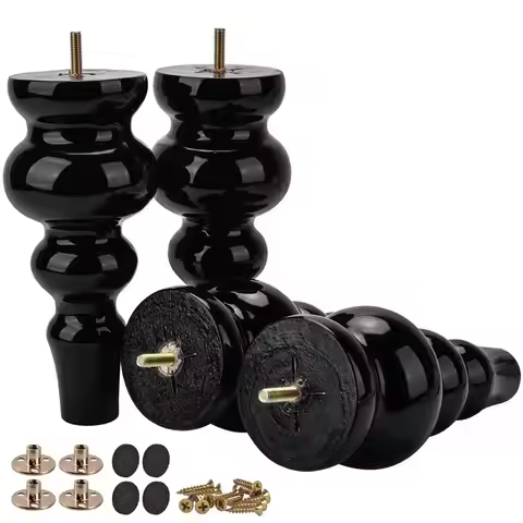 9 inch Solid Wood Furniture Legs, 4Pcs Large Turned Black Wooden Bun Feet with Threaded M8 Hanger Bo