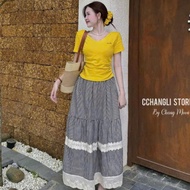 Long skirt set, women's turtleneck t-shirt mixed with long lace skirt T277(Z4)