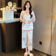 Woman Pajamas Ice Silk Satin Chinese Style Soft Hanfu Floral Printed Summer Sleepwear Set