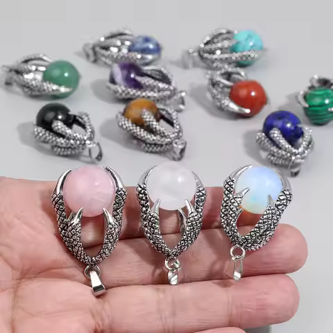 5PCS Natural Stone Pendant Dragon Claw Hold Round Gems Ball Bead Charms For Making Men Jewelry DIY N
