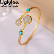Uglyless Gold Cross Bangles Rings for Women Jade Turquoise Jasper Bangles Minimalist Fashion Gemston