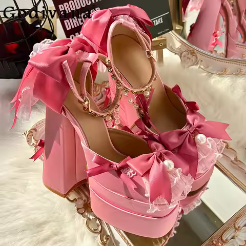 Y2k Pink Lolita Platform Shoes Women's Sweet Elegant Bow Lace Pearl Velvet Mary Jane Shoes Ladies Bi