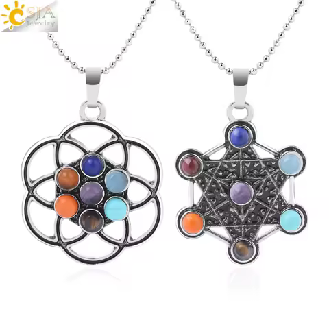 CSJA Merkaba Antique Silver Color Pendant Necklace Spiritual Reiki Religion Symbol 7 Chakra Life Tre