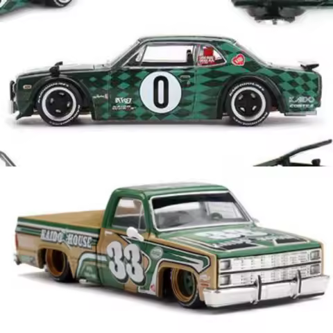 Kaido House x Mini GT 1:64 (KPGC10) Cortez V1 Green/SILVERADO KAIDO INTIMIDATOR V2 Alloy Vehicle Col