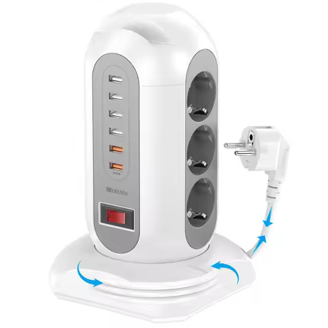 15-in-1 tower power strip 2500W, 9 sockets, 6 USB charging ports, retractable 1.8-meter extension co