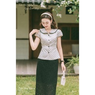 Bazzi design lotus collar peplum shirt with lace trim - Real photo taken by myself