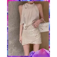 lovito lovito dress Small fragrance temperament, celebrity halterneck suspender top, dress, summer royal sister style, high-end fashion two-piece suit