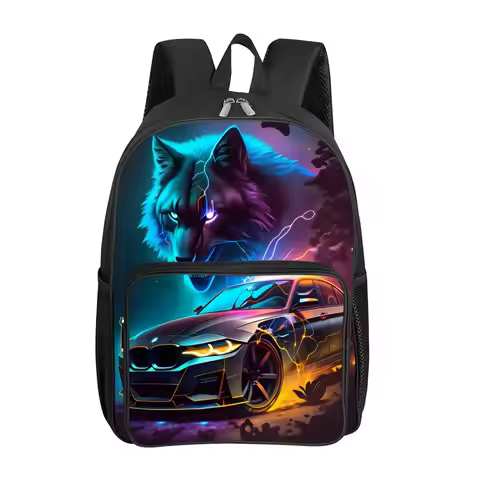Wolf and Racing Punk Print Square Front Pocket Backpack Large Capacity for Boy/Girls Best Gift 3D Ca