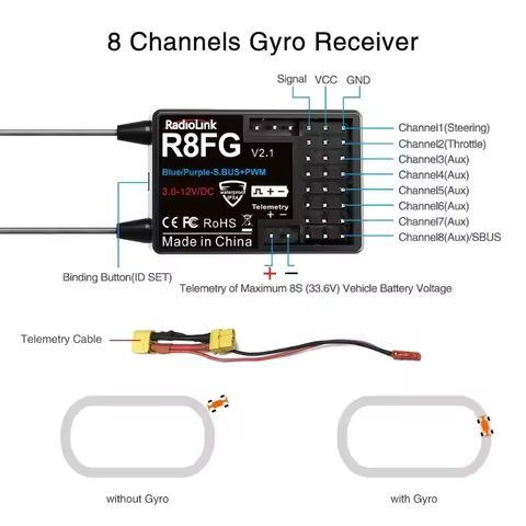 Radiolink R8FG 8 Channle 2.4G Gyro RC Receiver Voltage Return 600 Meters Long Range RX for Car Boat 