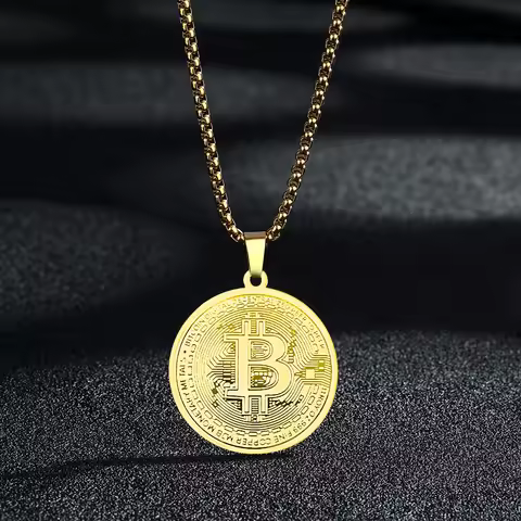 Kinitial Circle Bitcoin Pendant Necklace Stainless Steel Bitcoin Charm Chain Choker For Men Women Hi