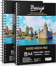 Bianyo Mixed Media Paper Sketchbook, A4 (8.26" X 11.69"), 60 Sheets/Each, 123 LB/200 GSM, Pack of 2 Pads, Spiral-Bound Pad, Ideal for Wet &amp; Dry Media Like Marker, Watercolor, Acrylic, Pastel, Pencil