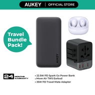 Aukey Set 3- 35W Universal Adapter + 22.5W 10K mAh Fast Charge USB C Power Bank + True Wireless Blue